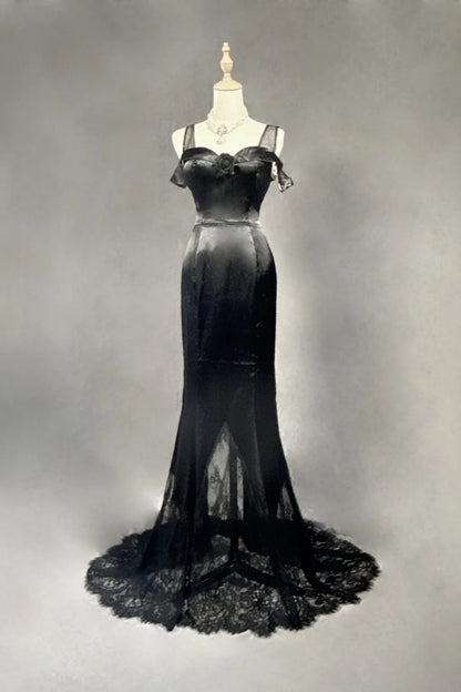 girlhomeshops-Black Satin Lace Long Dress gh6247