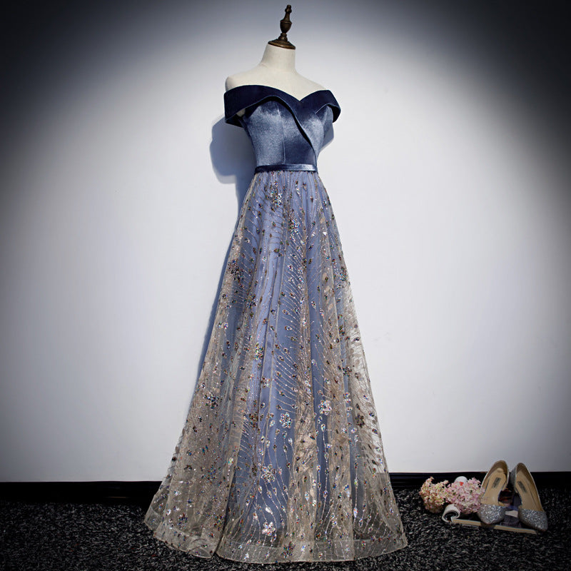 Blue velvet tulle long prom dress blue evening dress  8465