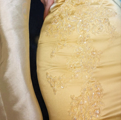 Yellow gorgeous exquisite beaded long satin ball gown evening dress party dress gh4499