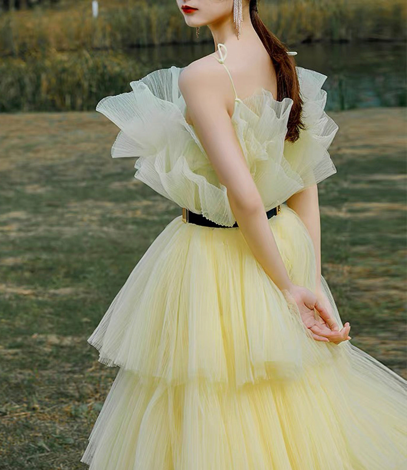Yellow tulle long ball gown dress A line evening gown  10304