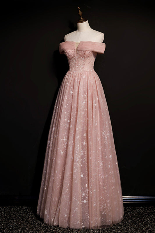 Pink tulle long A line prom dress pink evening dress  8695