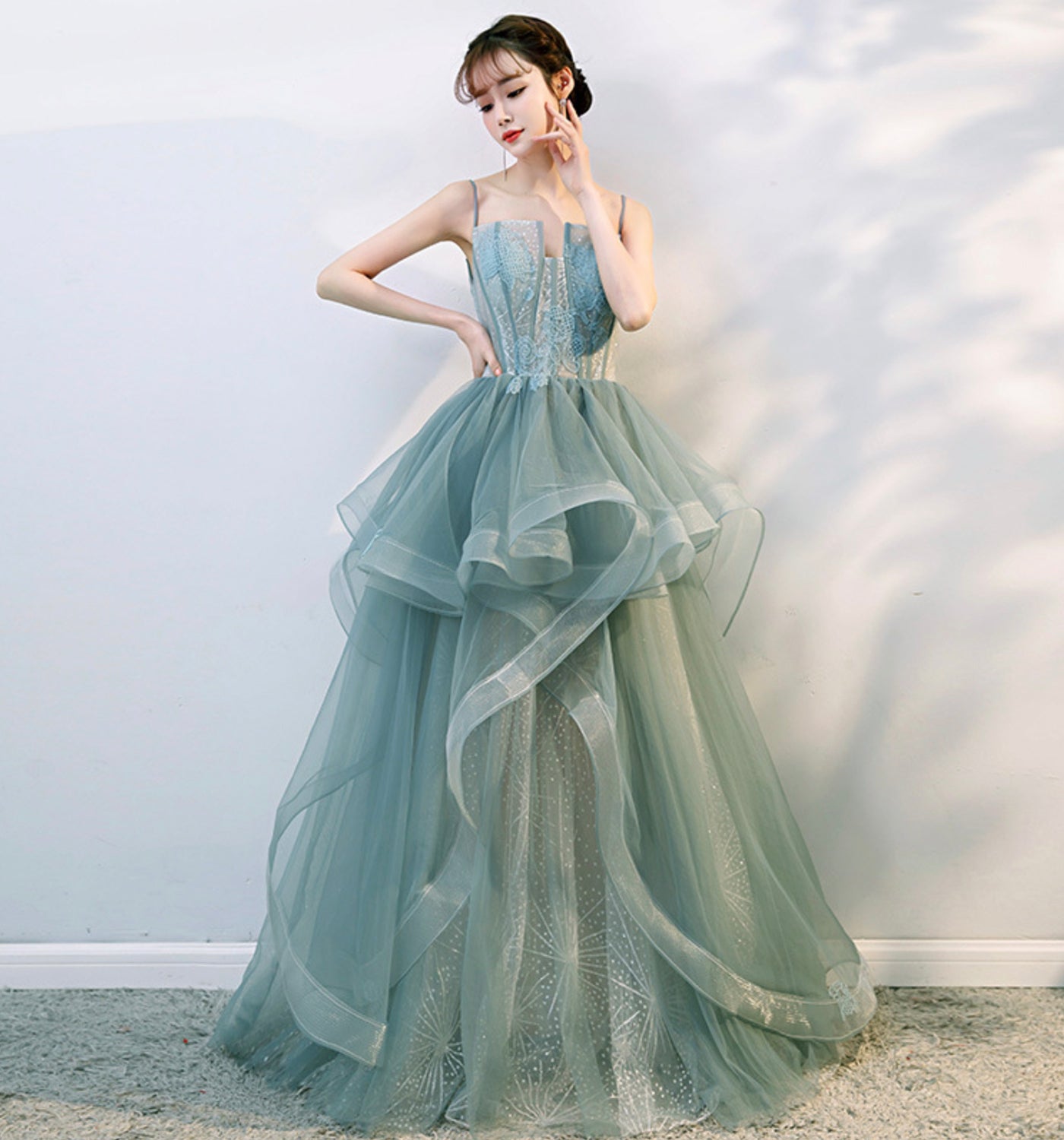 Green tulle lace long prom dress evening gown  10134