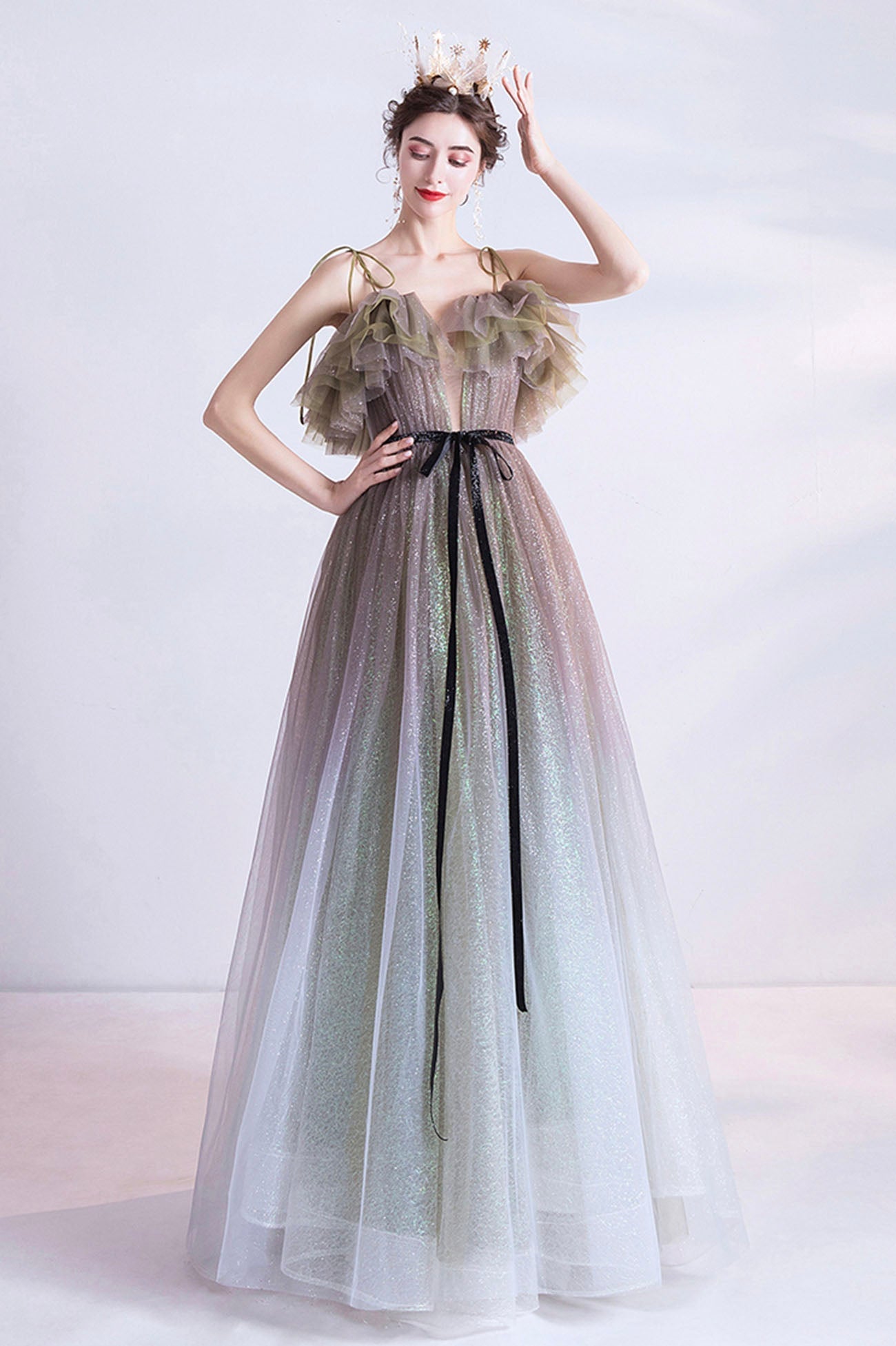 Gray green tulle sequins long prom dress evening dress  10616
