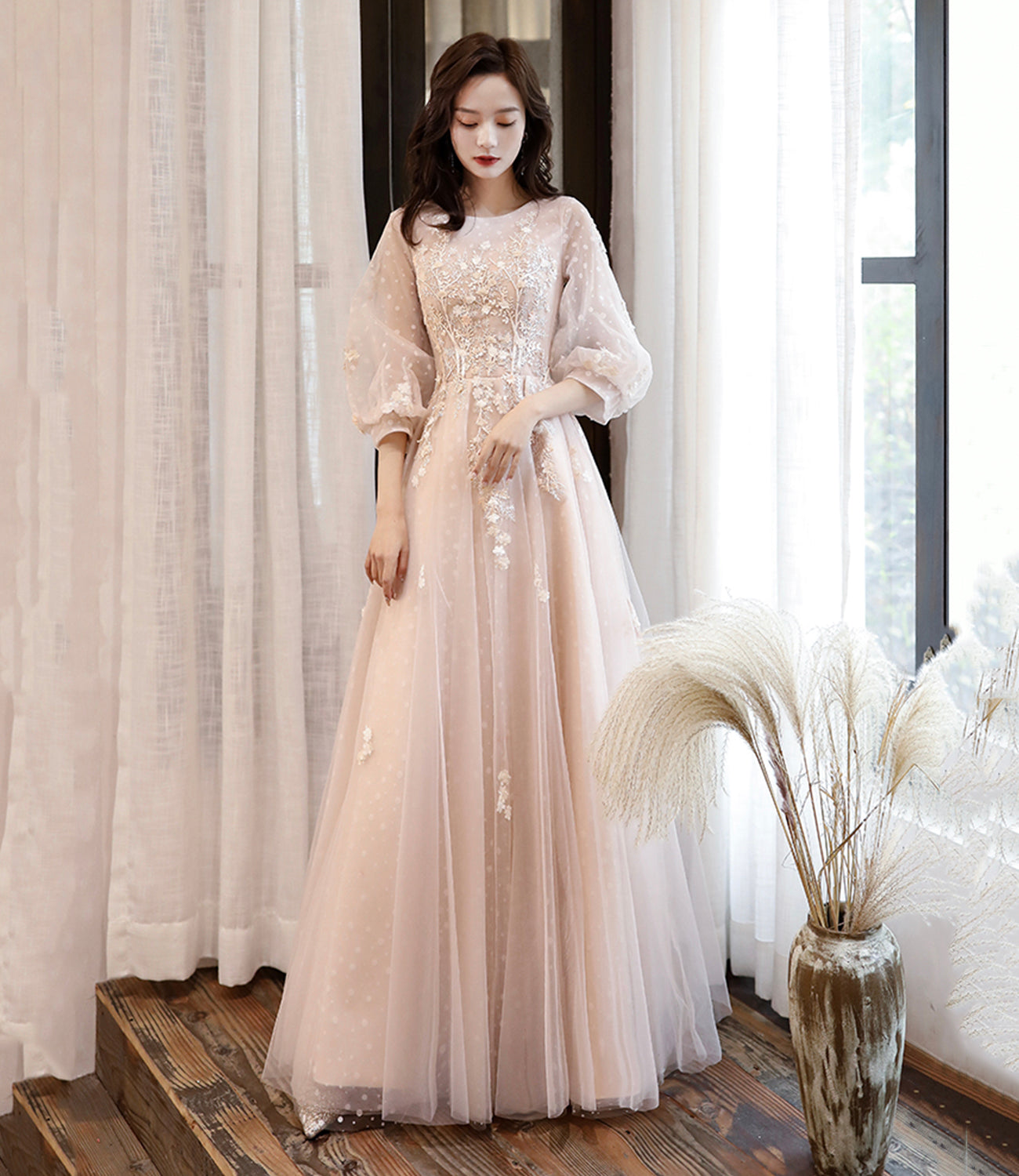 Black tulle lace long prom dress A line evening dress  10460