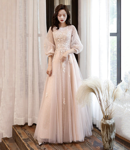 Black tulle lace long prom dress A line evening dress  10460