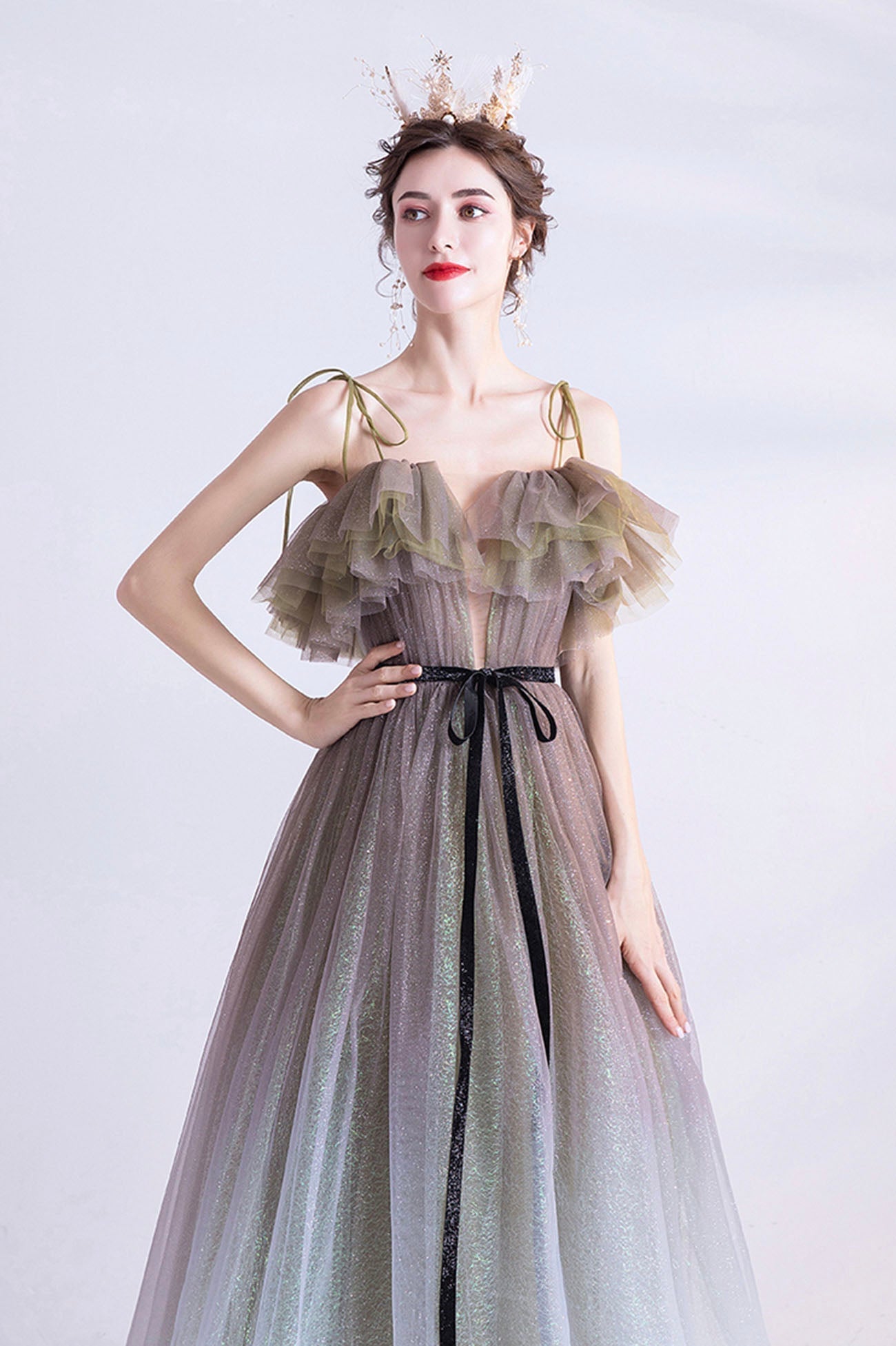 Gray green tulle sequins long prom dress evening dress  10616