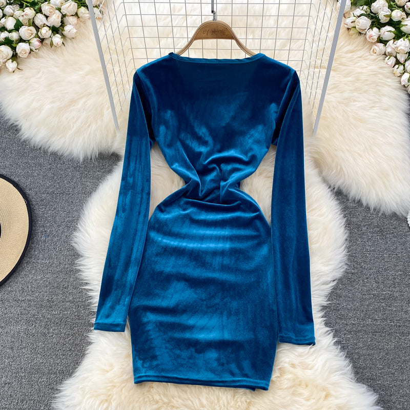 Sexy V Neck Velvet Long Sleeve Dress Fashion Dress  10864