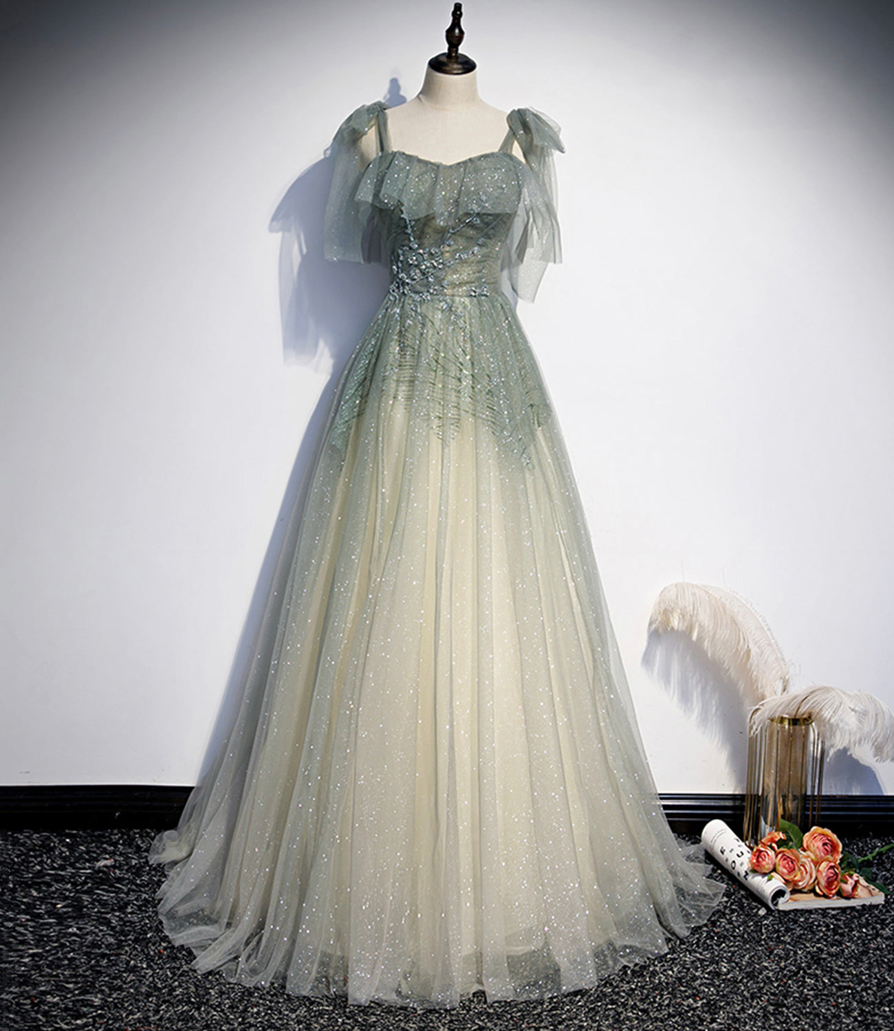 Green tulle sequins long prom dress evening gown  10474