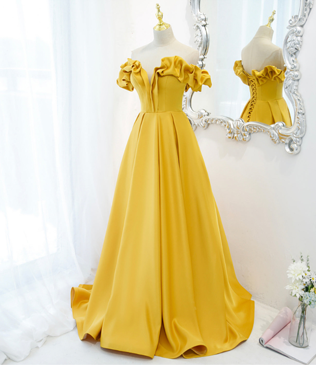 Yellow satin long A line prom dress evening dress  8812