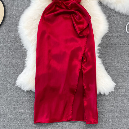 V-neck slim slim acetate Satin pleated split dress dress  11180