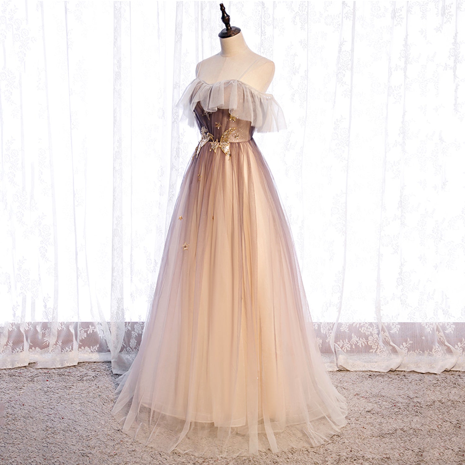 Cute tulle sequins long prom dress evening dress  8963