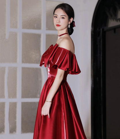 Red satin long prom dress A line evening dress  10582