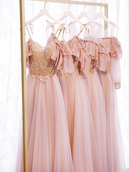 Pink tulle lace long prom dress evening dress  8349