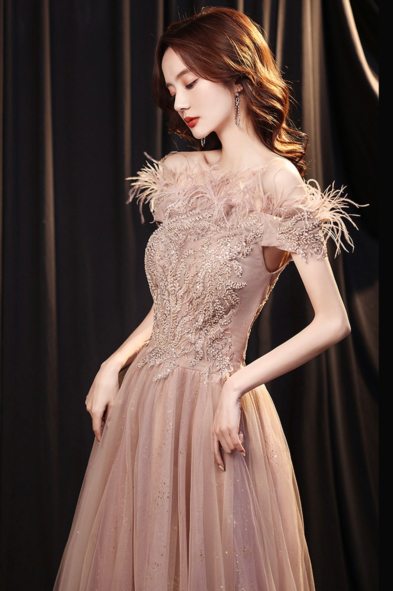 Cute tulle lace long prom dress A line evening gown  10165
