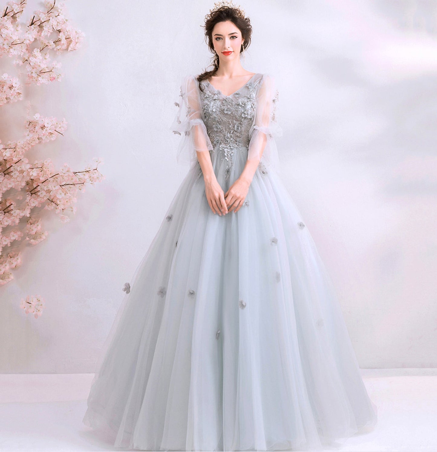 Gray tulle applique long prom dress evening gown  10100