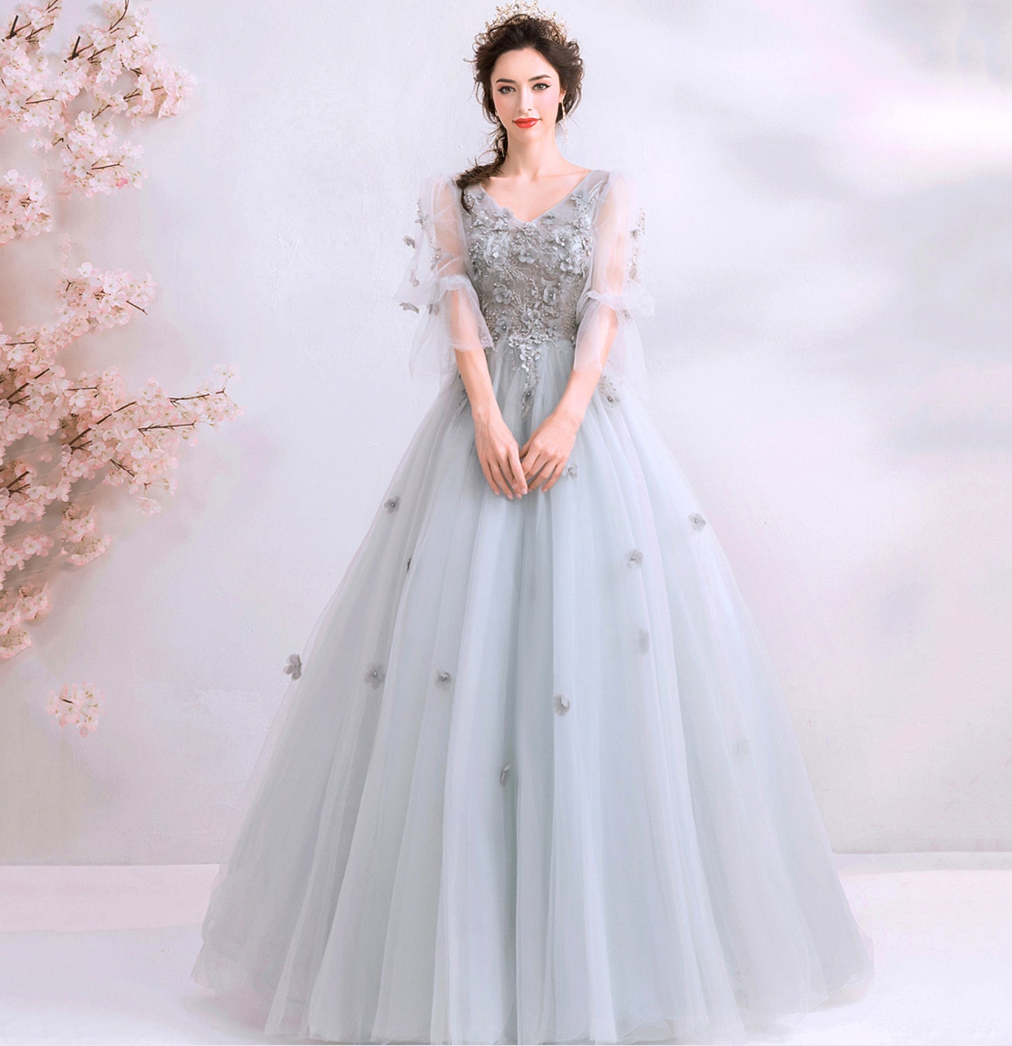 Gray tulle applique long prom dress evening gown  10100