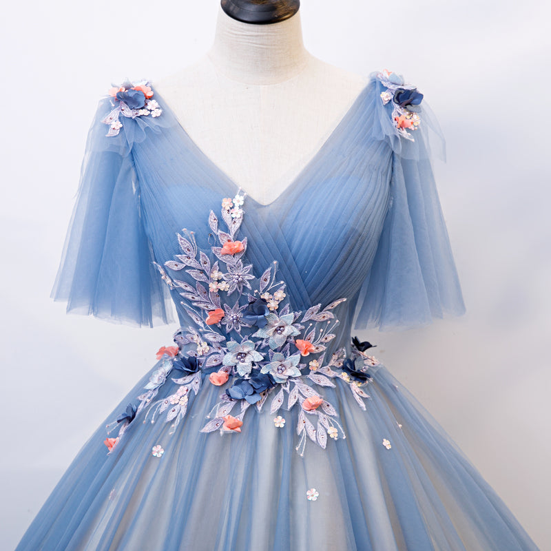 Blue v neck tulle lace long prom dress formal gown  8214