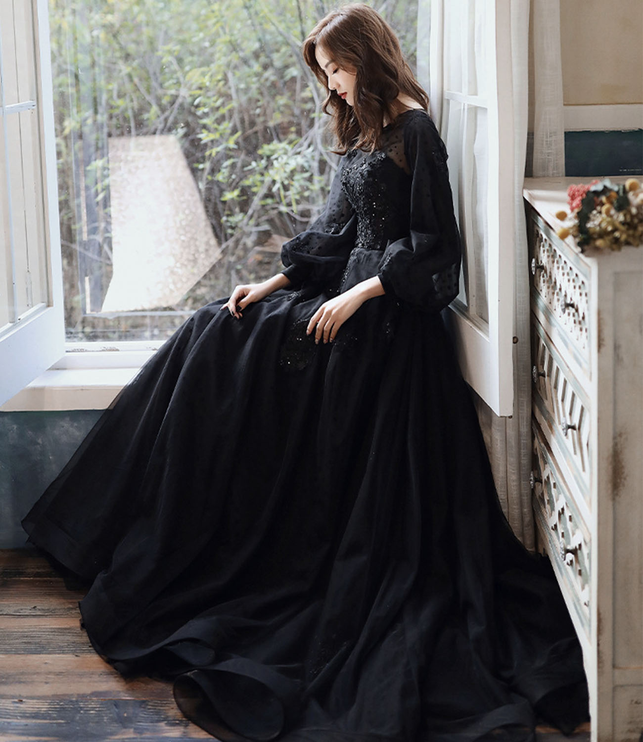 Black lace long prom dress A line evening gown  10277