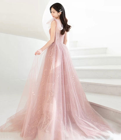 Pink tulle long prom dress A line evening dress  10421