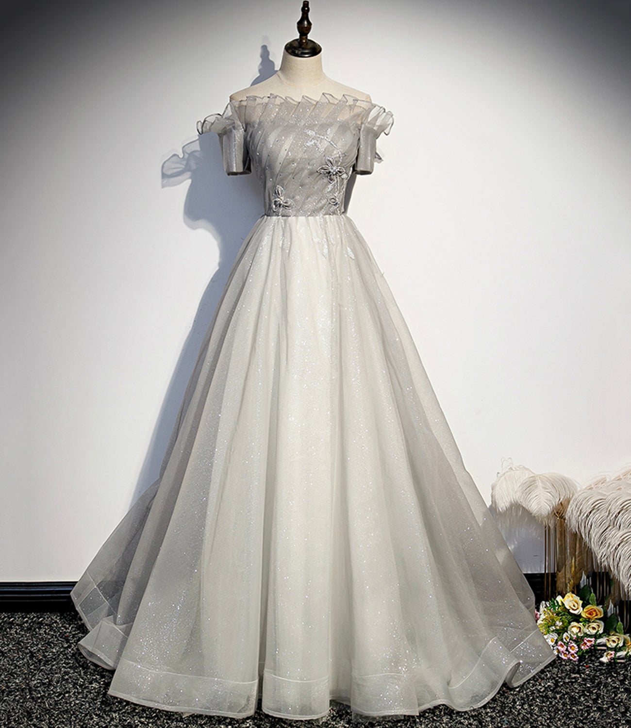 Silver tulle long ball gown dress formal dress  8598