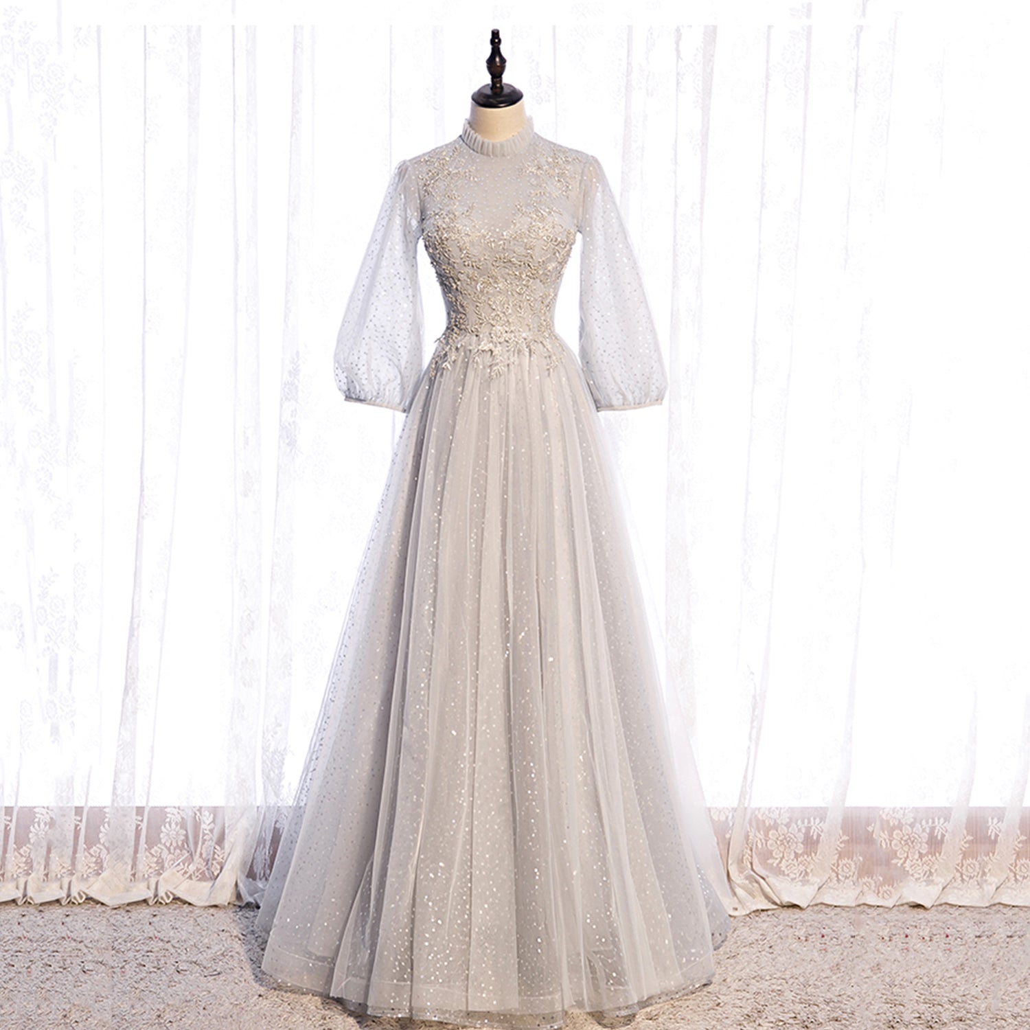 Gray lace sequins long prom gown evening dress  8964