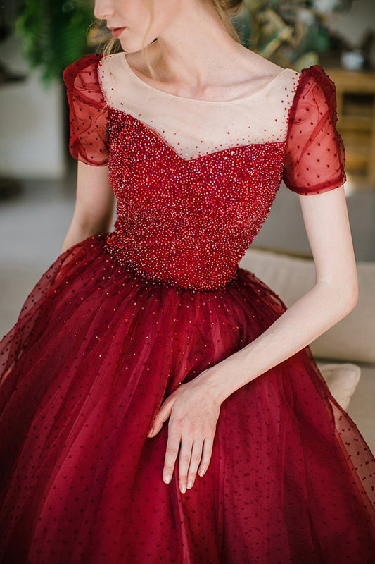Burgundy Sparkling Beaded A-line Long Tulle Elegant Ball Gown Evening Dress 8645