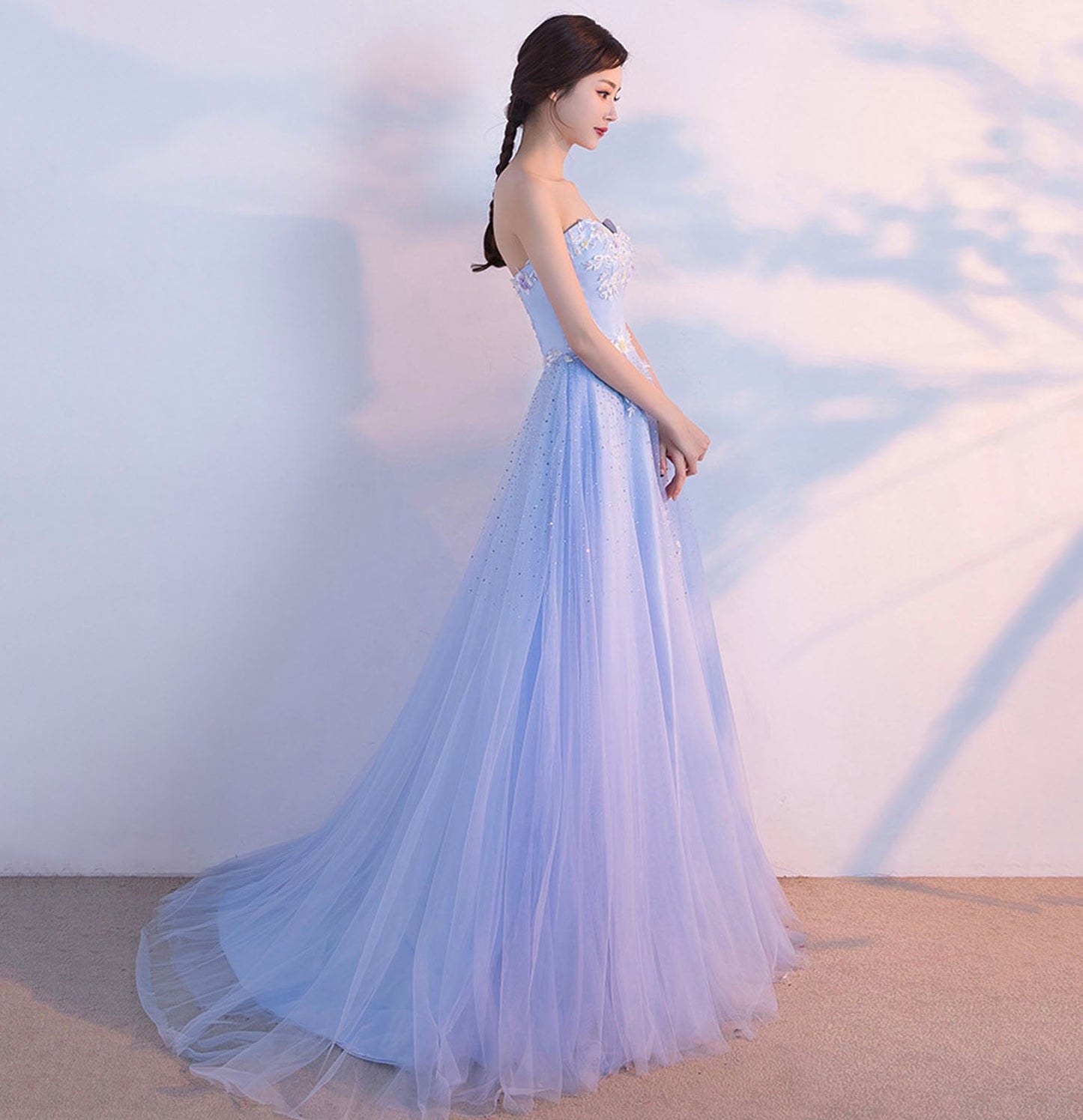 Blue tulle lace long prom dress blue evening gown  10211