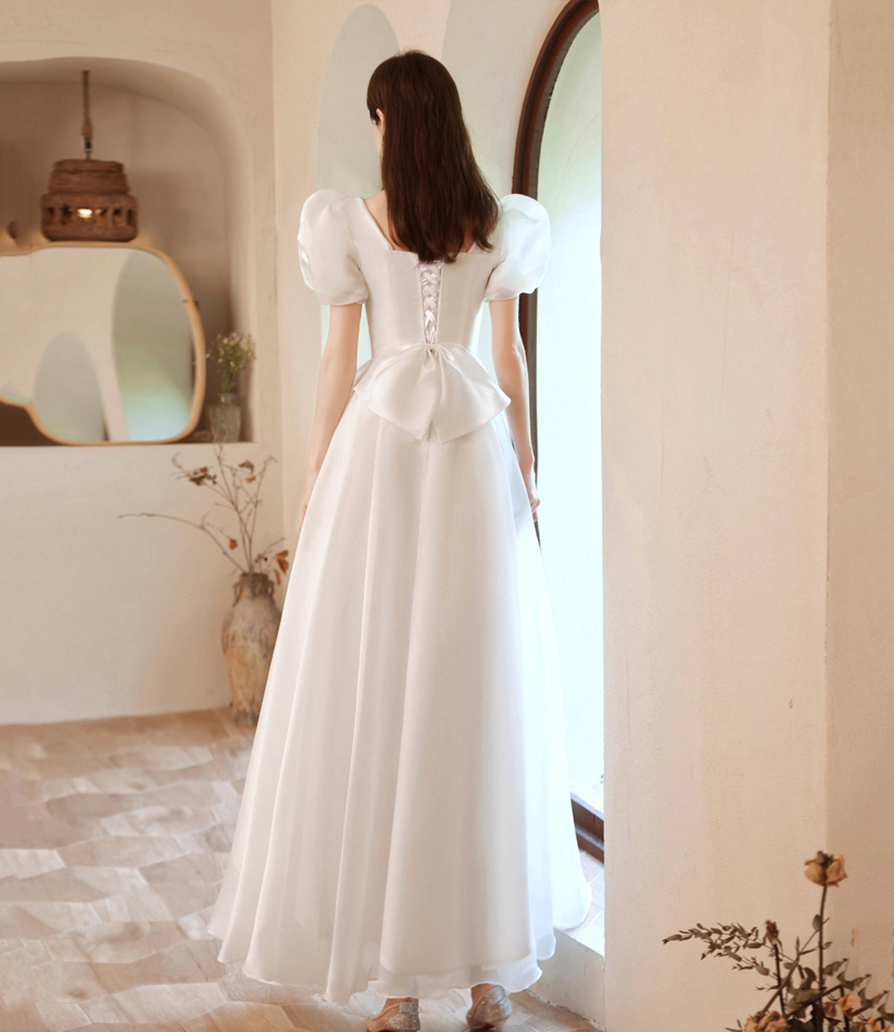 White tulle tea length prom dress white evening dress  10143