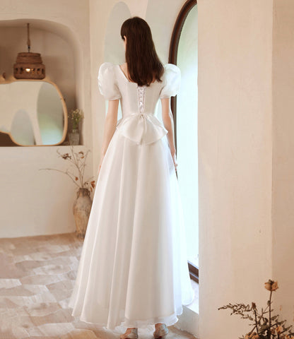 White tulle tea length prom dress white evening dress  10143