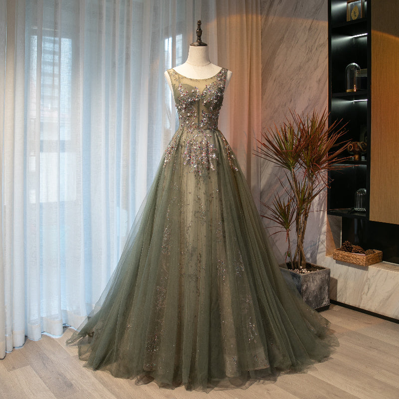 Cute tulle sequins long A line prom dress evening dress  8696
