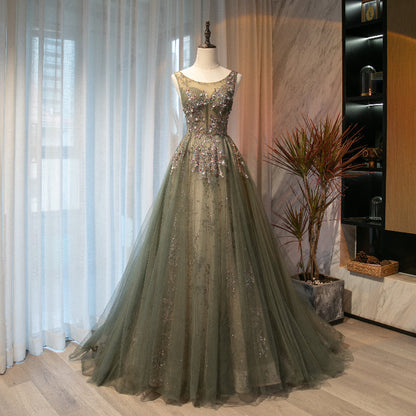 Cute tulle sequins long A line prom dress evening dress  8696