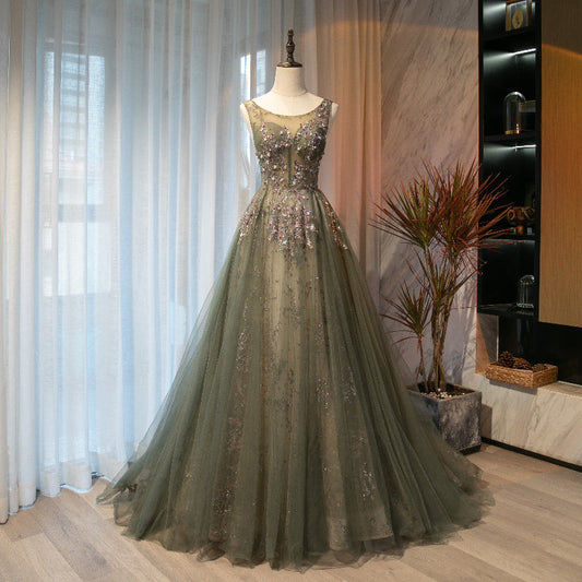 Cute tulle sequins long A line prom dress evening dress  8696