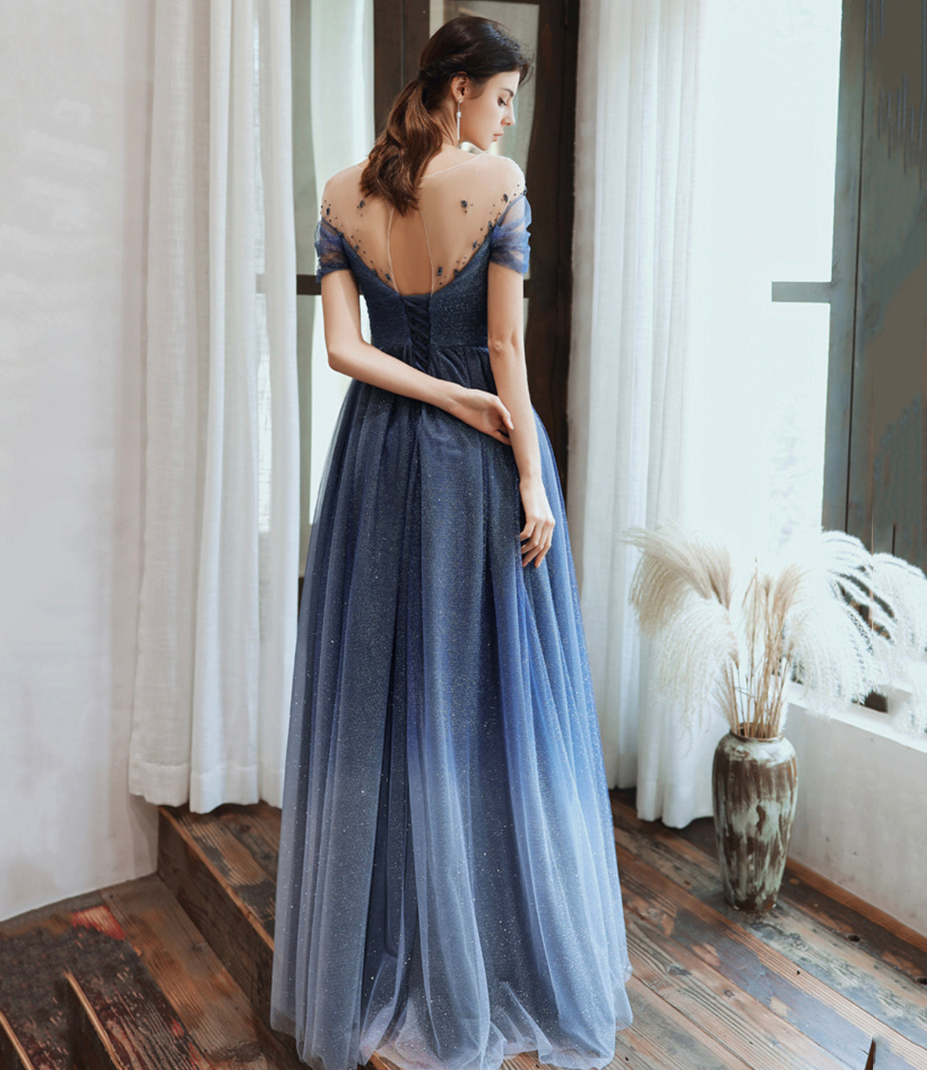 Blue tulle sequins long prom dress blue evening dress  10477