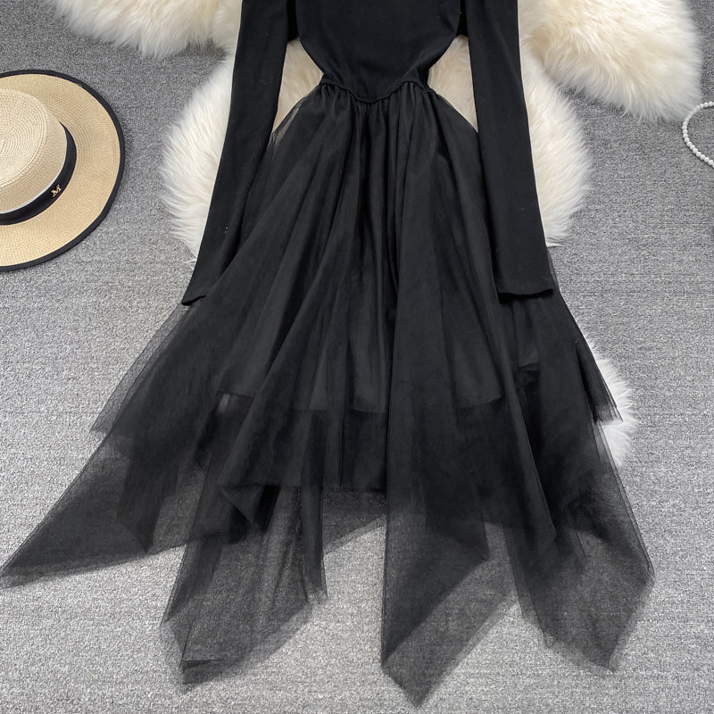 Black Irregular Long Sleeve Off Shoulder Dress Fashion Dress  10872