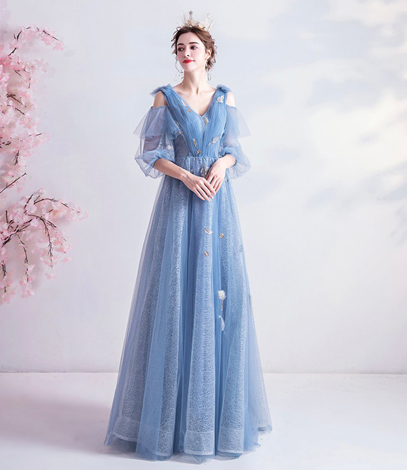 Blue v neck tulle long prom dress A line evening dress  10144