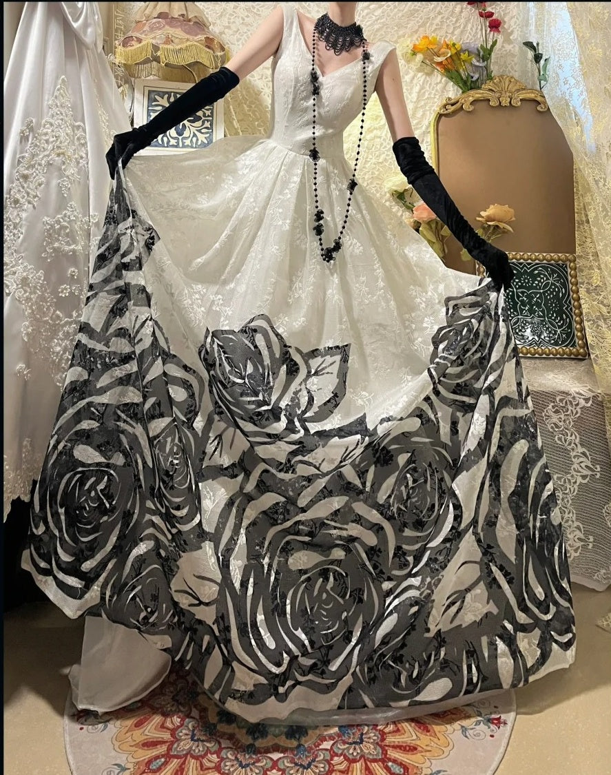 ♣️Blooming black roses gorgeous retro dark night rose dress Hepburn-feel long tulle ball gown evening dress gh4338