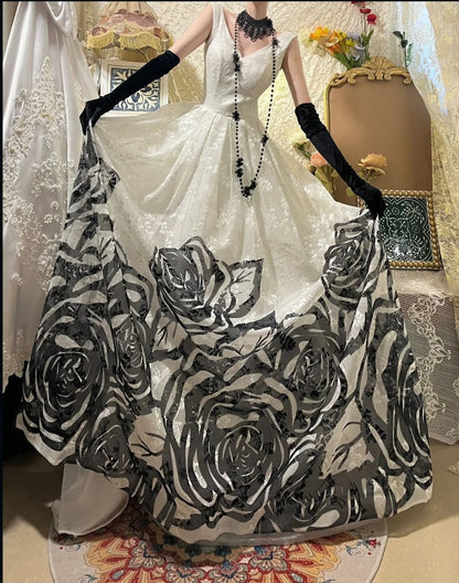 ♣️Blooming black roses gorgeous retro dark night rose dress Hepburn-feel long tulle ball gown evening dress gh4338