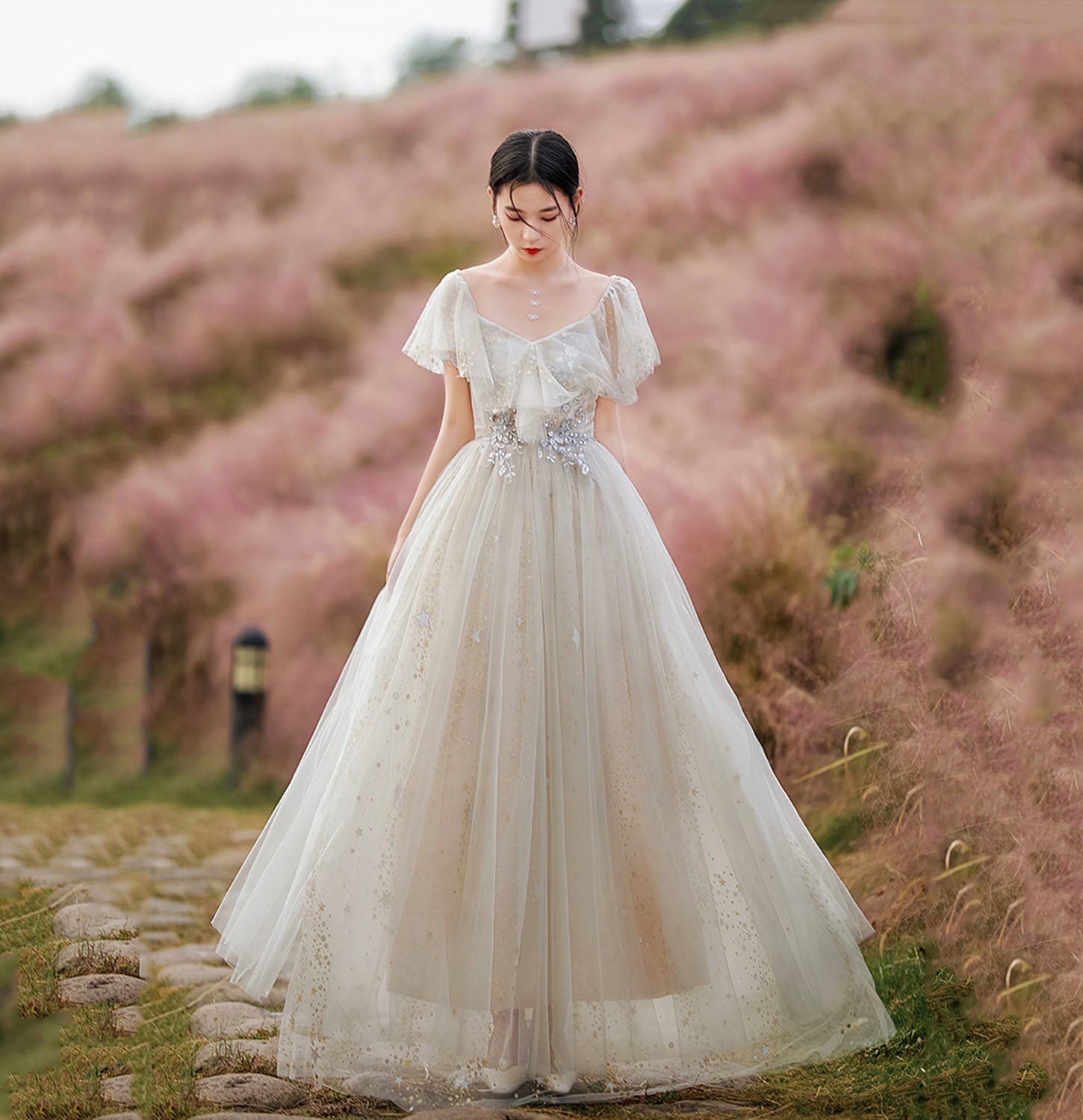 Cute tulle sequins long prom dress evening dress  10205