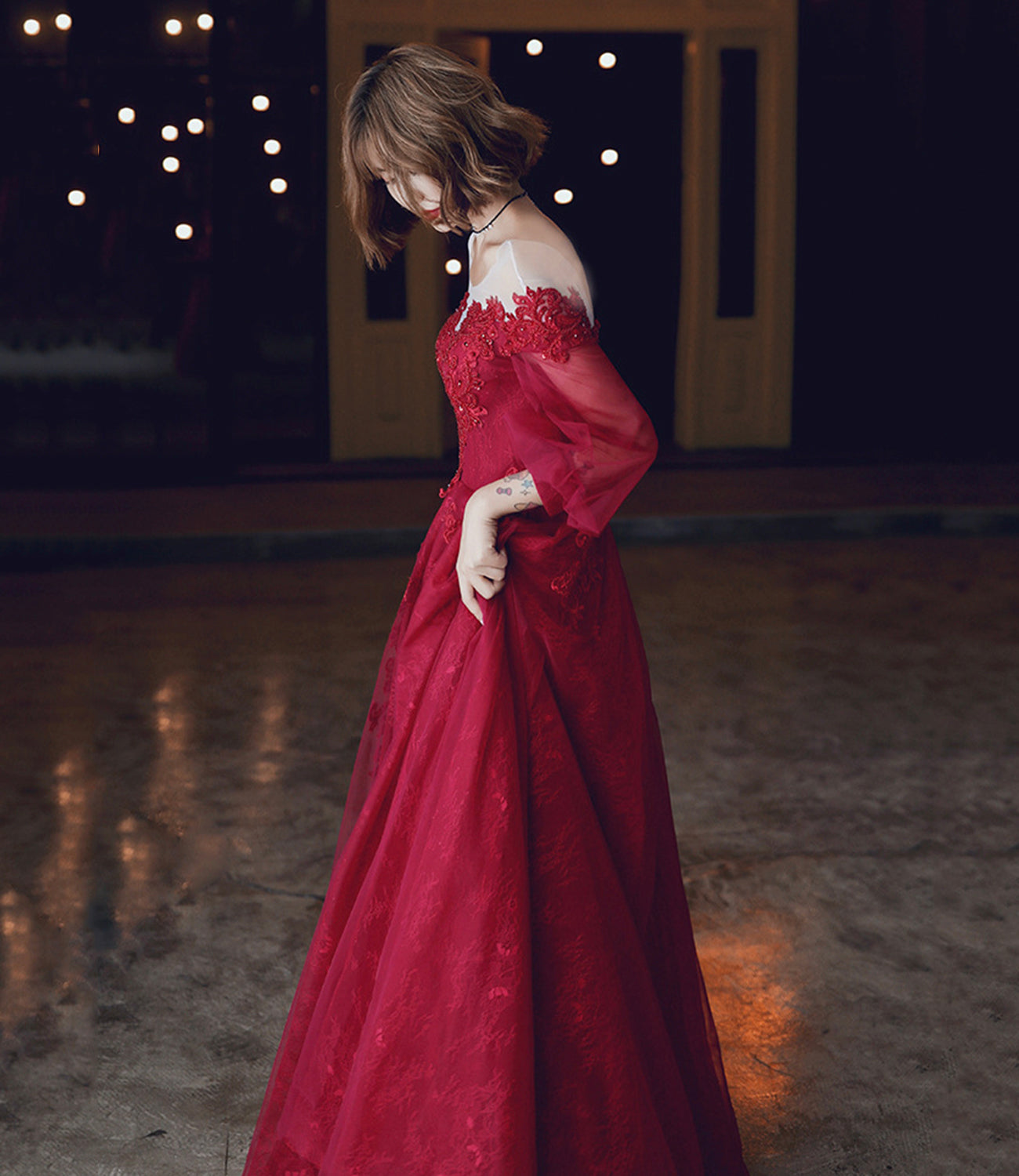 Burgundy lace long prom dress A line evening dress  10213
