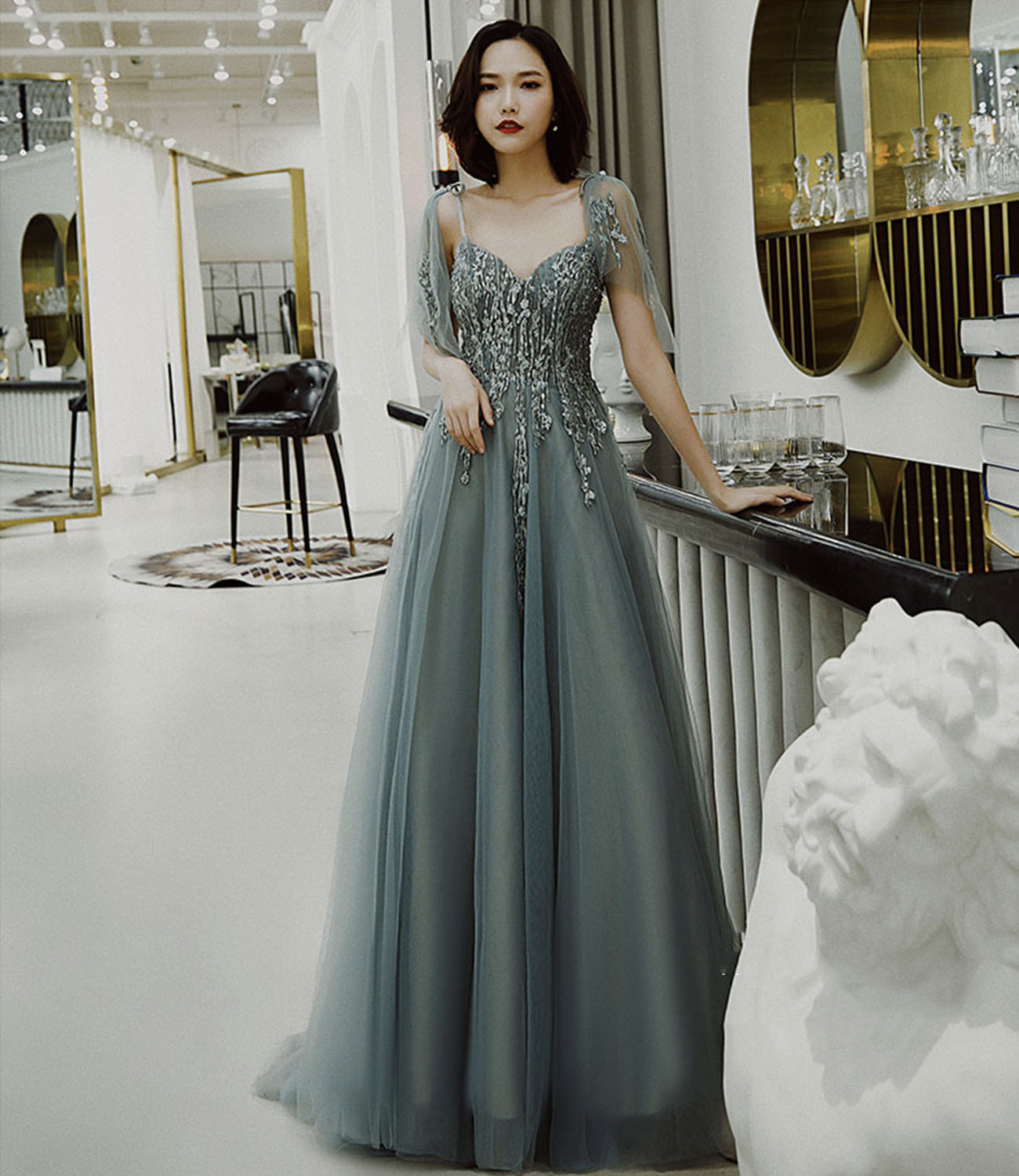 Cute tulle lace long prom dress A line evening dress  10422