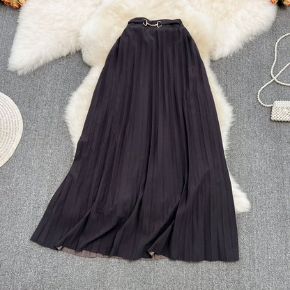 Versatile A-line pleated skirt, elastic waist, medium length, over Knee Skirt  11291