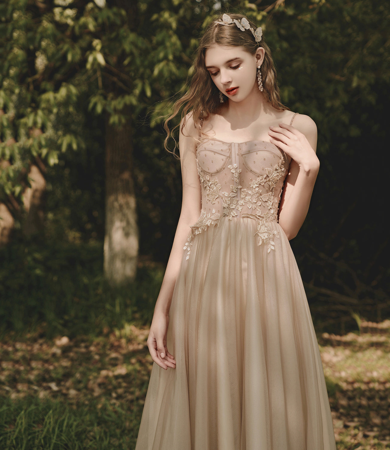 Cute tulle lace long prom dress A line evening dress  10398