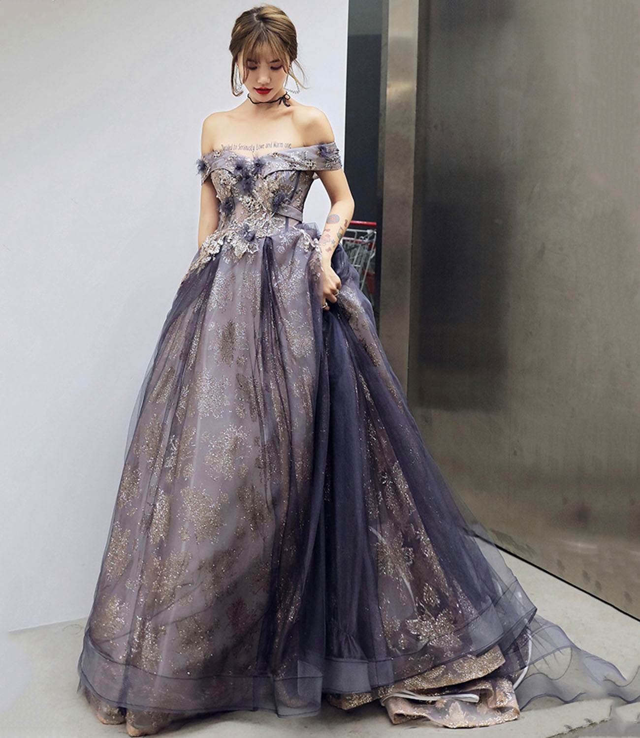 Purple tulle sequins long prom dress A line evening gown  10204