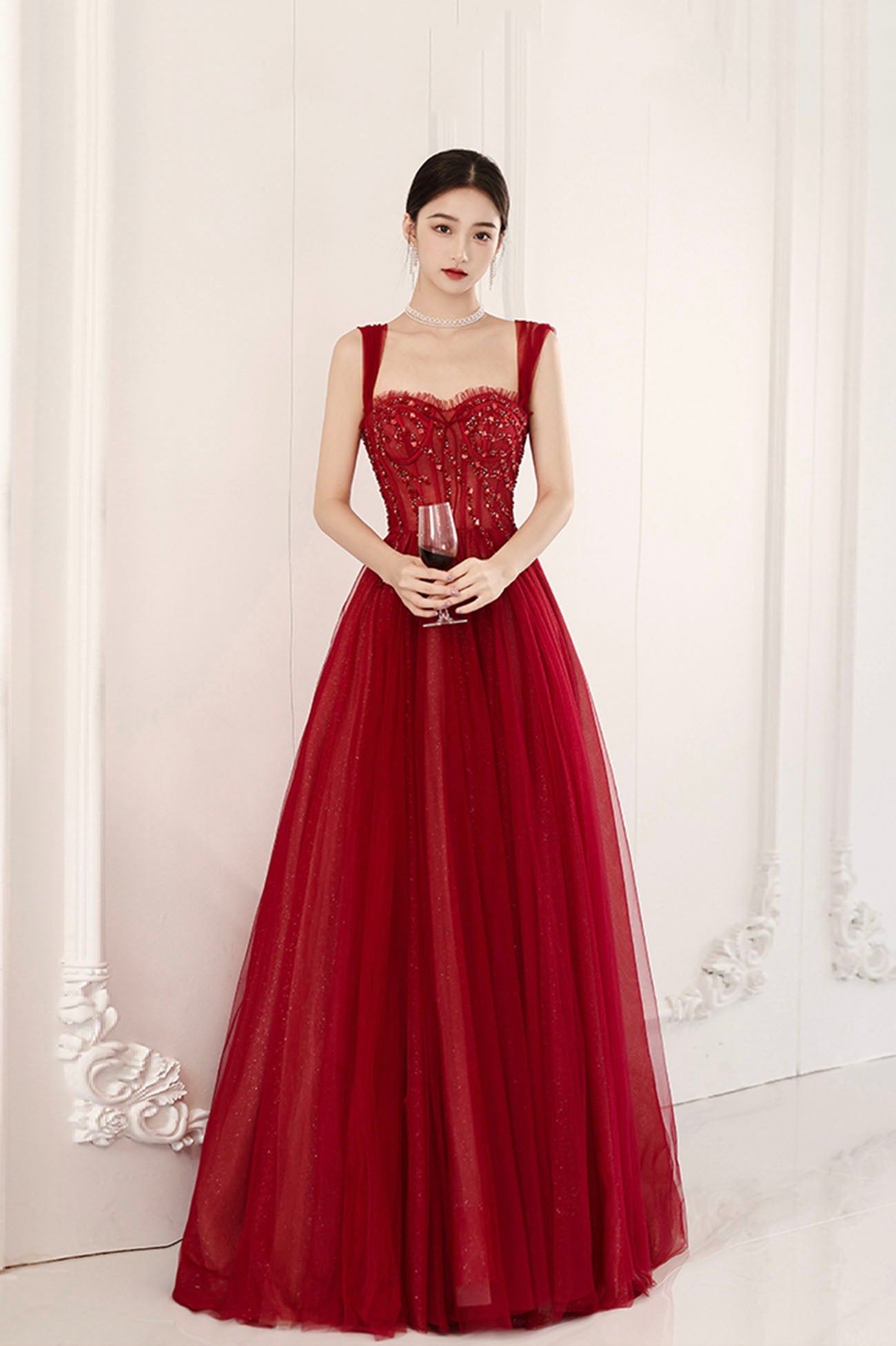 Burgundy tulle beads long prom dress evening dress  10604