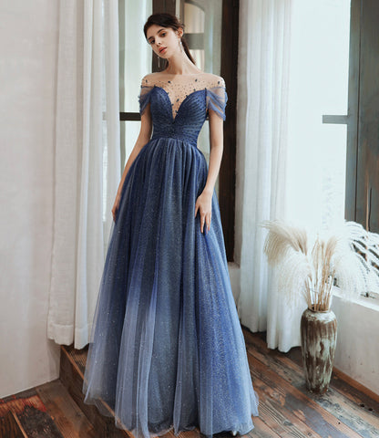 Blue tulle sequins long prom dress blue evening dress  10477