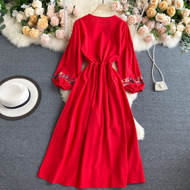 Simple Embroidered Long Sleeve Dress  10962