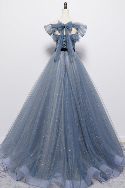 Bule tulle long A line prom dress blue evening dress  8718