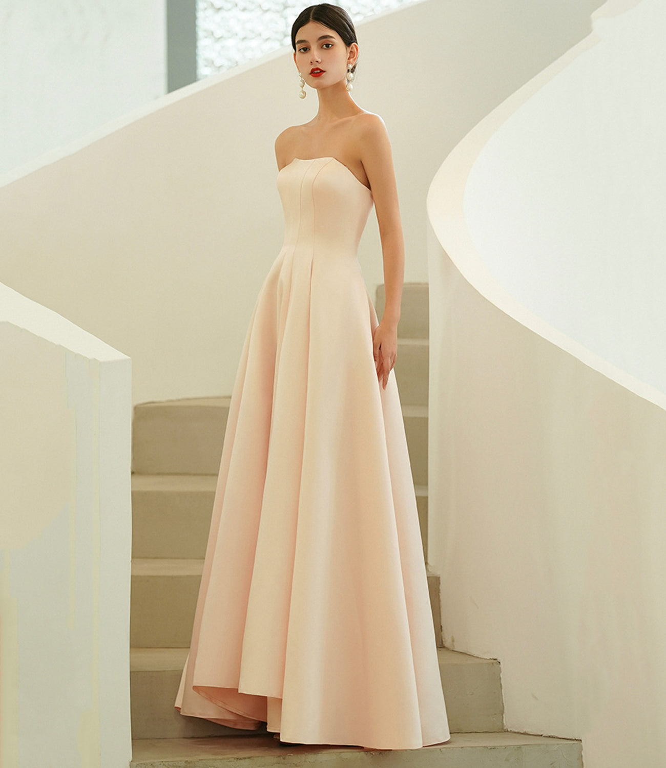 Pink satin tulle long prom dress A line evening dress  10216