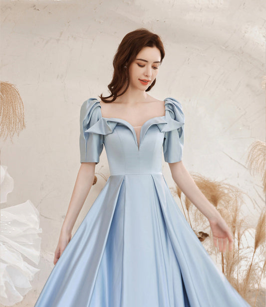 Cute satin long prom dress blue evening dress  10531