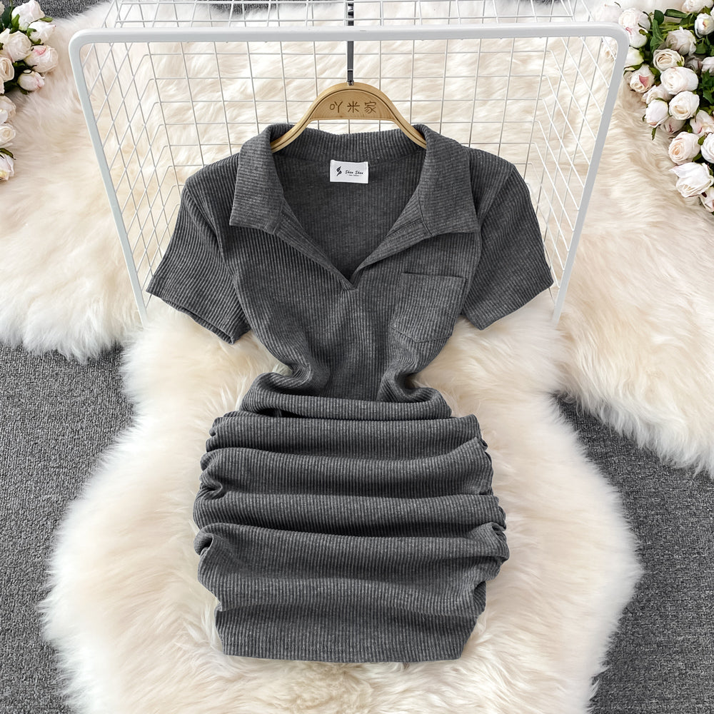 Slim and sexy polo collar, careful machine wrapped hip skirt  11138